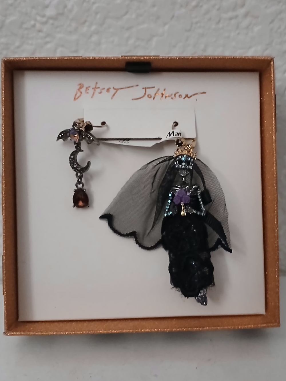 Betsey Johnson Black Goth Doll & Moon Asymmetrical Earrings